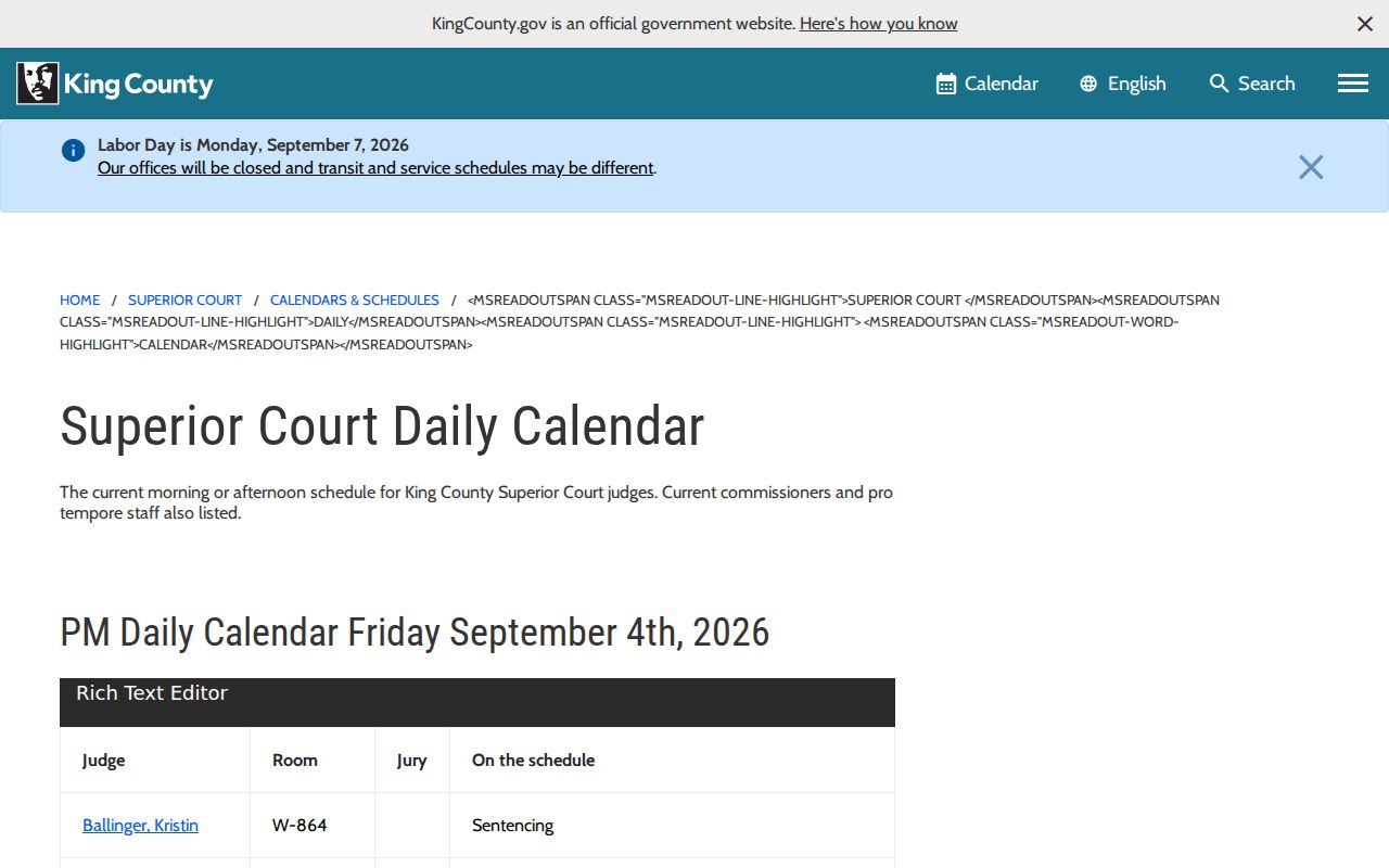 King County court dates on the Superior Court daily calendar