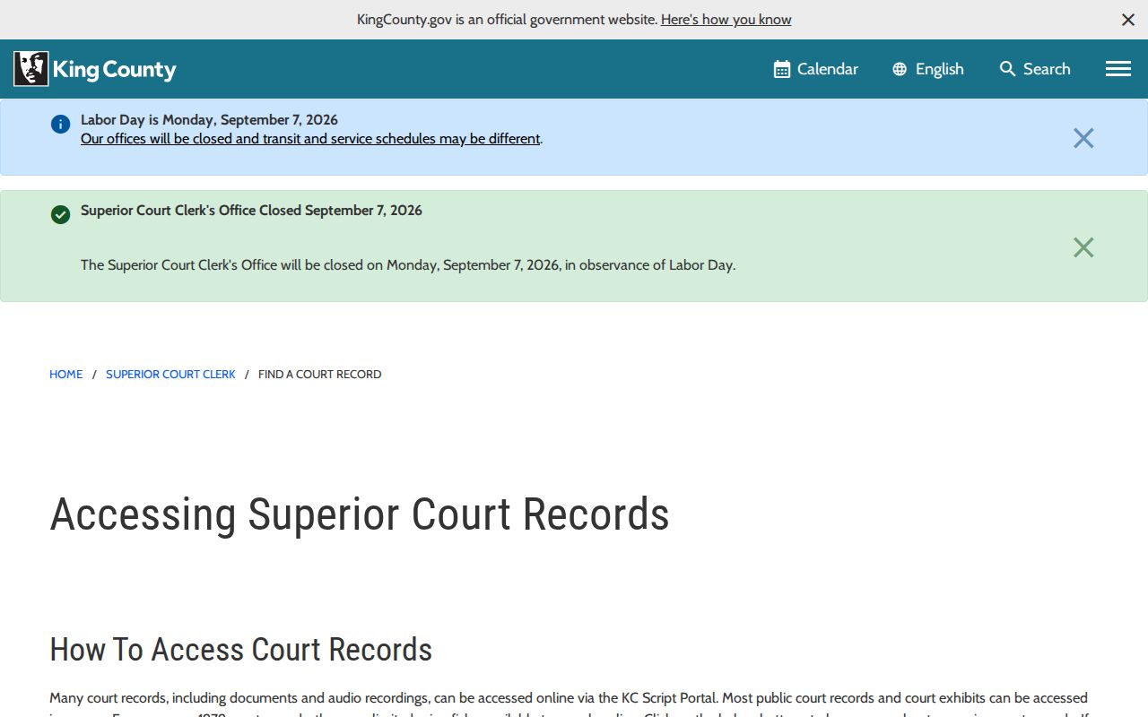 King County civil docket records access from the Superior Court Clerk