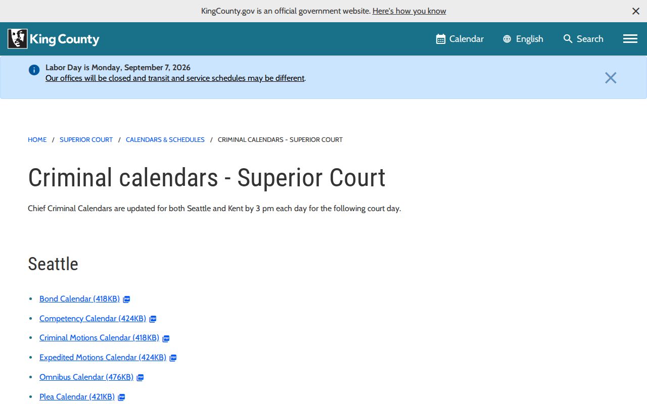 King County criminal docket calendars for Seattle and Kent