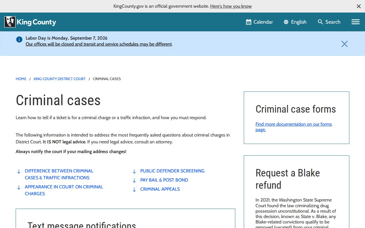 King County criminal docket information from District Court