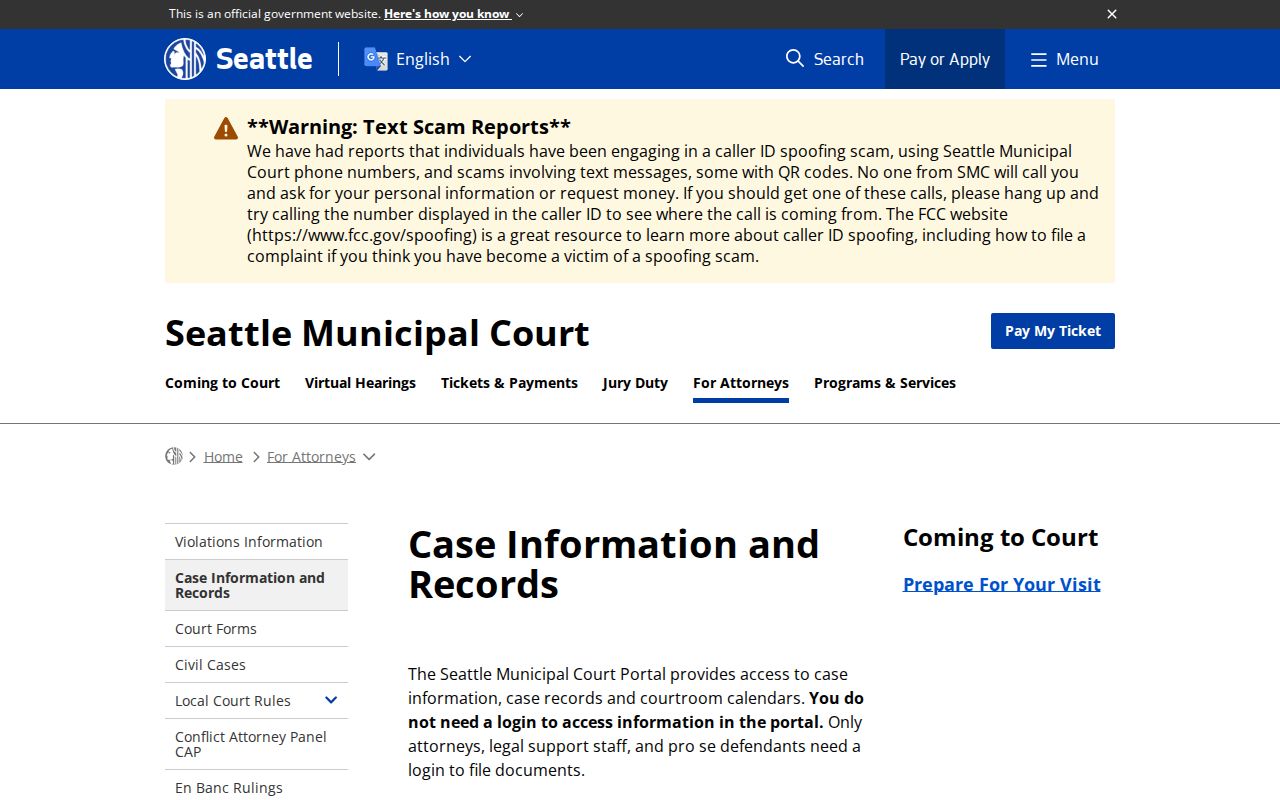 Seattle court docket case information and records page