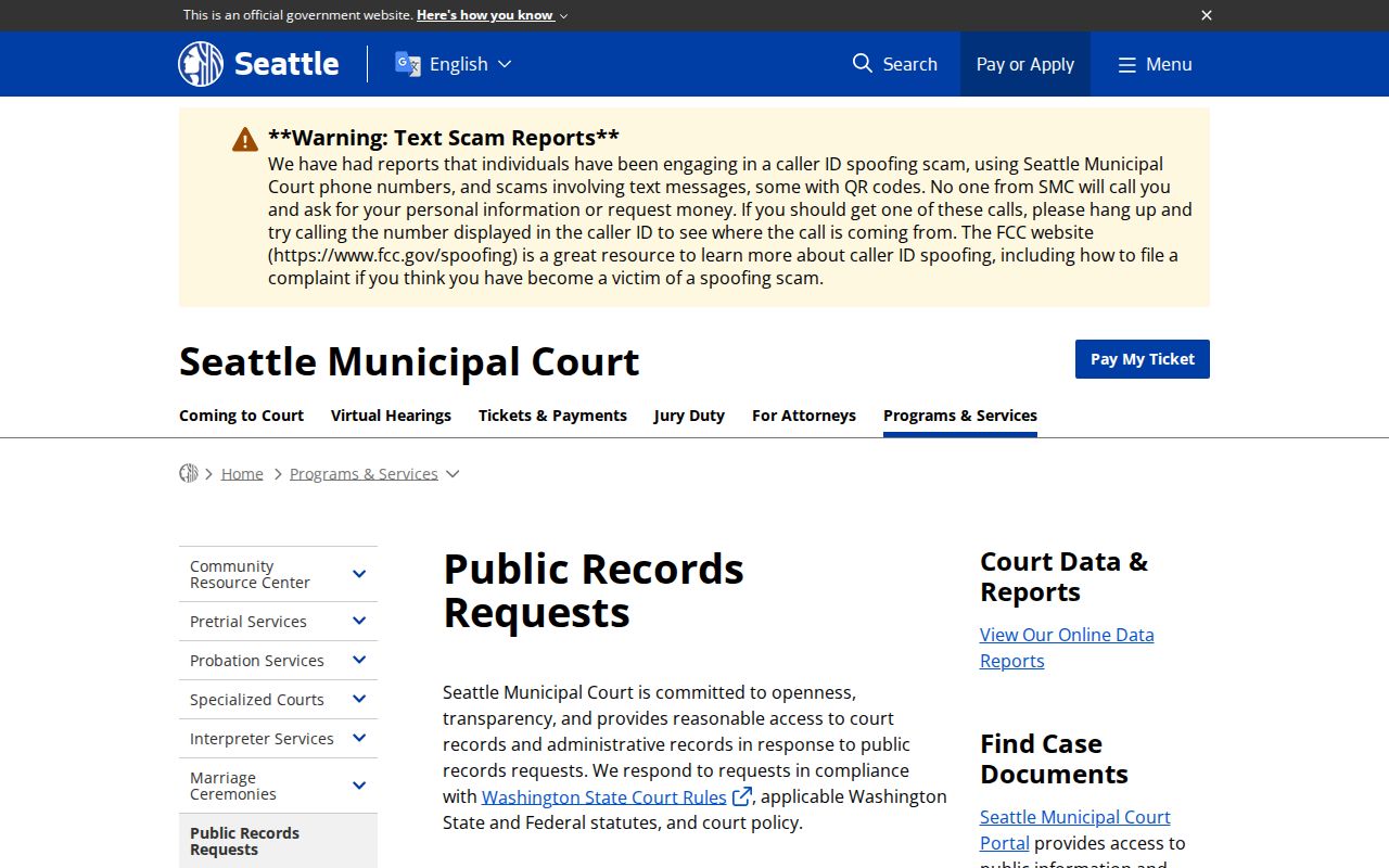 Seattle court docket public records request page