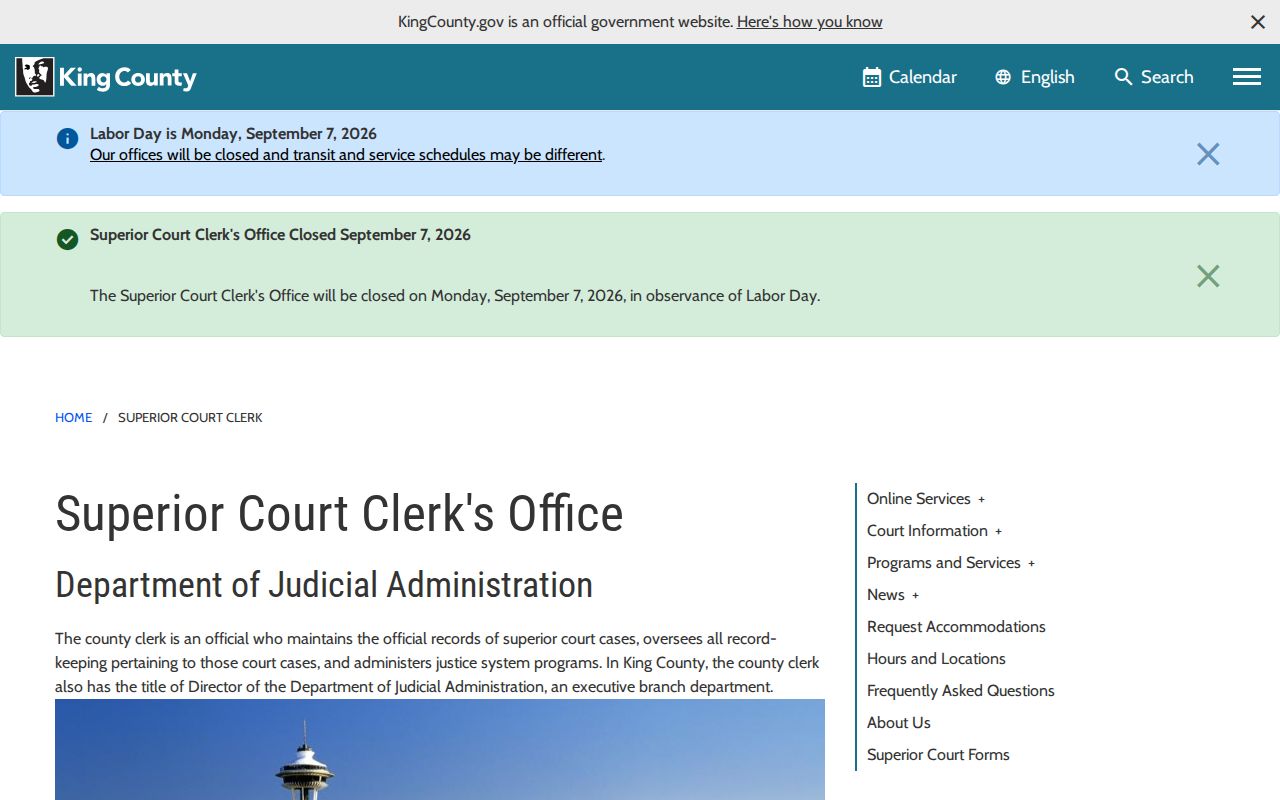 King County court docket access at the Superior Court Clerk website